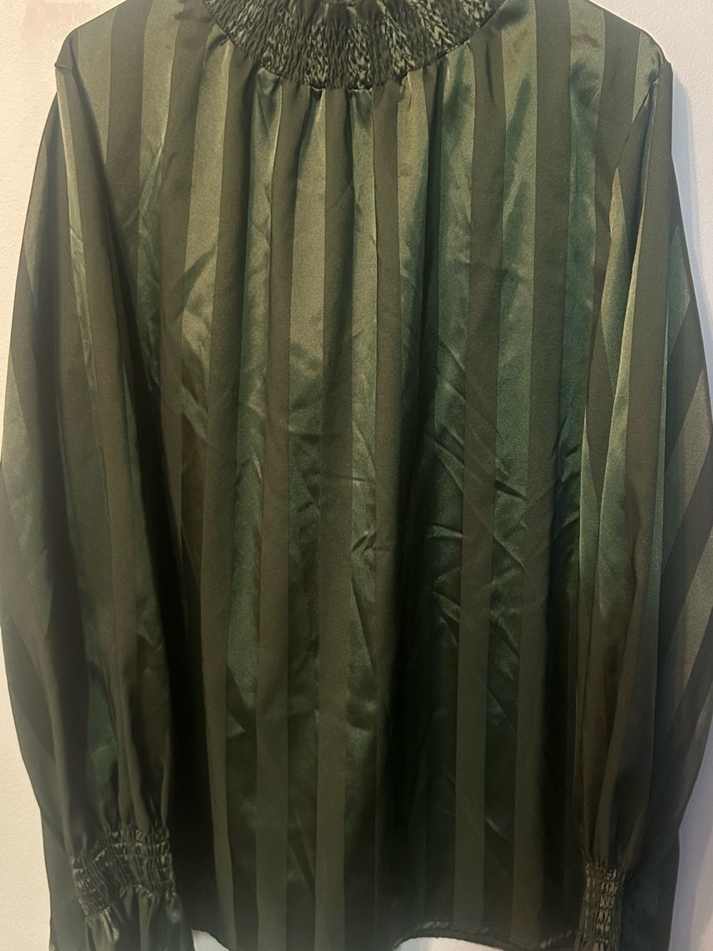 Women's Olive Green Striped Smocked-Neck Blouse